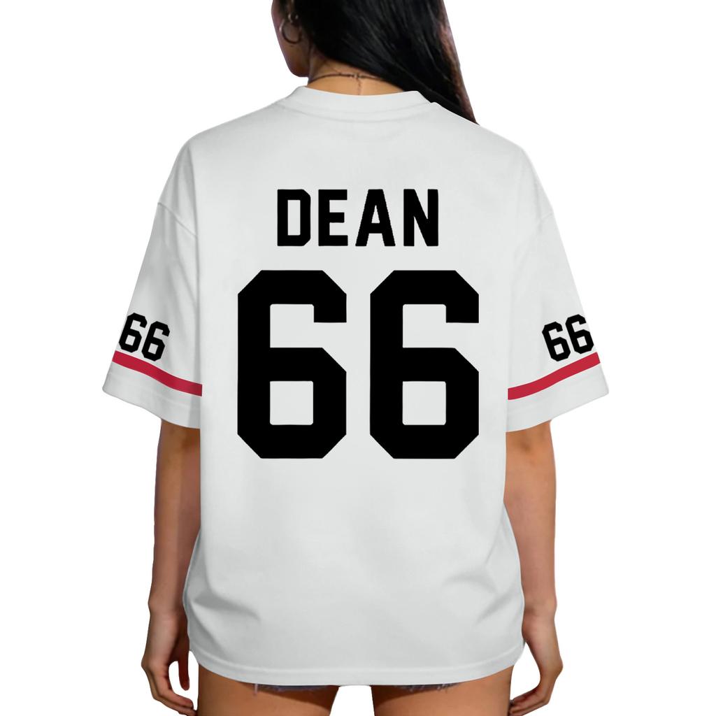 Damen Mode Sportoberteil im Trikot-Stil V-Ausschnitt Kurzarm Lässiger Lockere Passform Sportshirt mit Aufgedrucktem Logo und Ärmelnummern