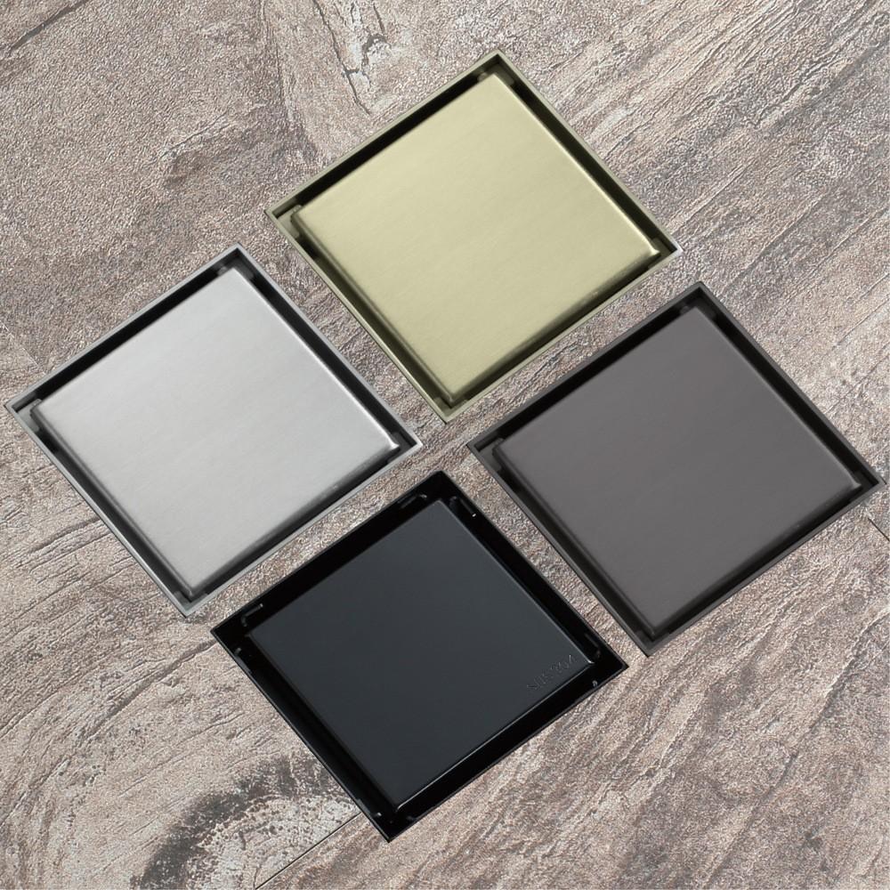 HIDEEP Moderne gebürstetes Gold Fliesen-Einlage Badezimmer Dusche Geruchshemmende Abflüsse 10x10cm Quadratisch Schwarzer Edelstahl Toilettenbodenablauf