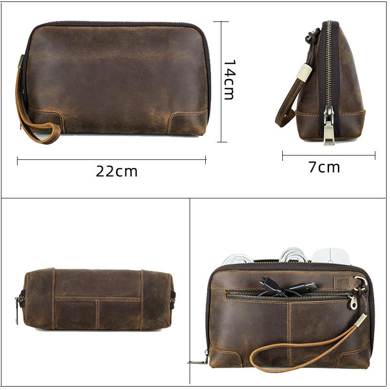 Vintage Men's Genuine Leather Clutch Bag Brown Cow Leather Storage Bag Travel Toiletry Kits Wash Bag Genuine Leather Men Women