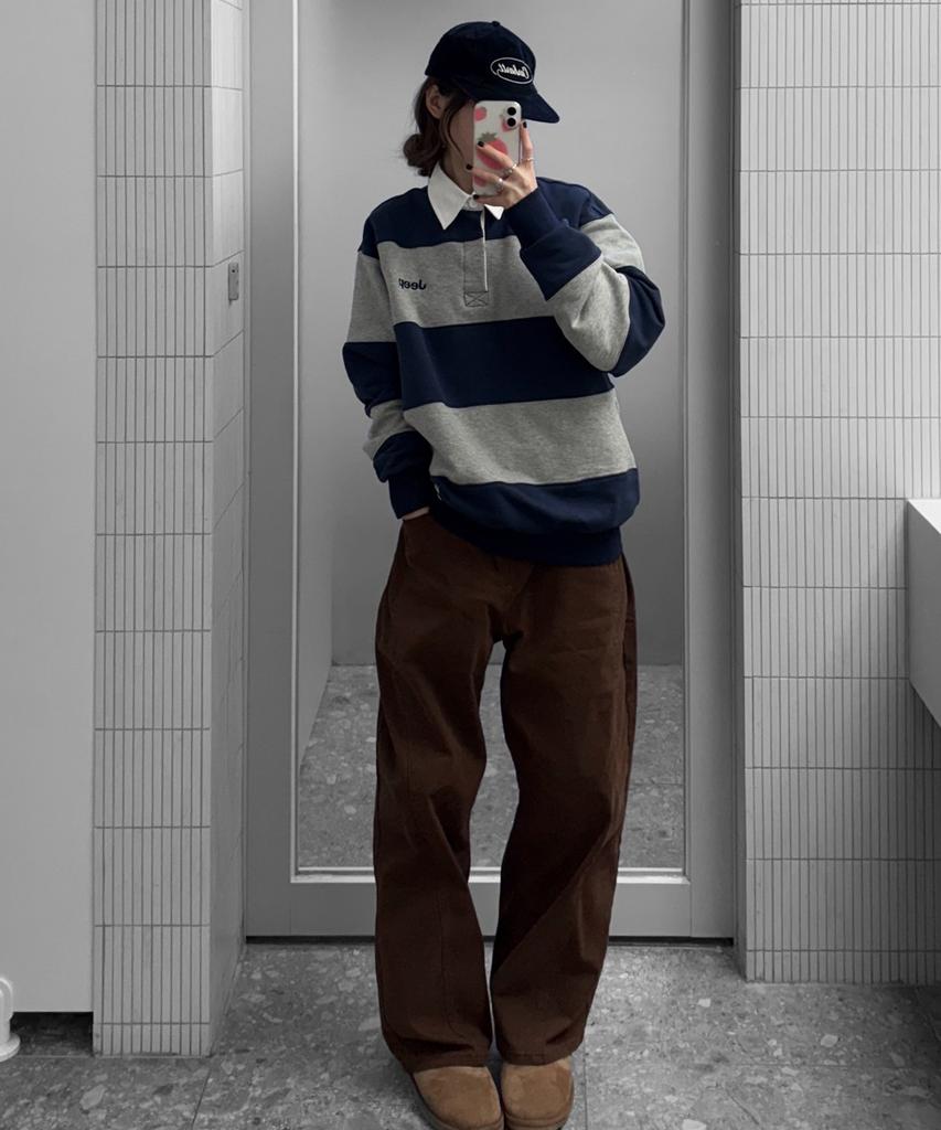 Jikeulib Brushed Brown Curved Cut-Line Wide Cotton Pants