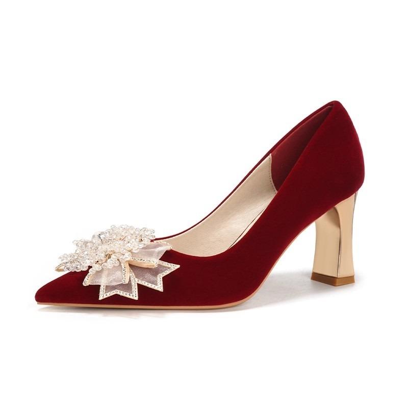 

Fashion 2025 Pointed Toe Rhinestone Bow Suede Women s Singles 35