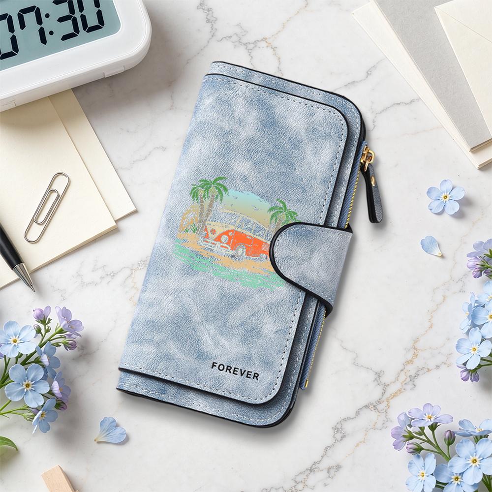 Retro Beach Print Long Wallet Forever PU Leather Multi Card Slots Purse