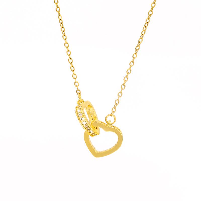Luxury Heart-Shaped Double Ring Necklace with Zircon Inlay - Elegant Heart-to-Heart Pendant Design