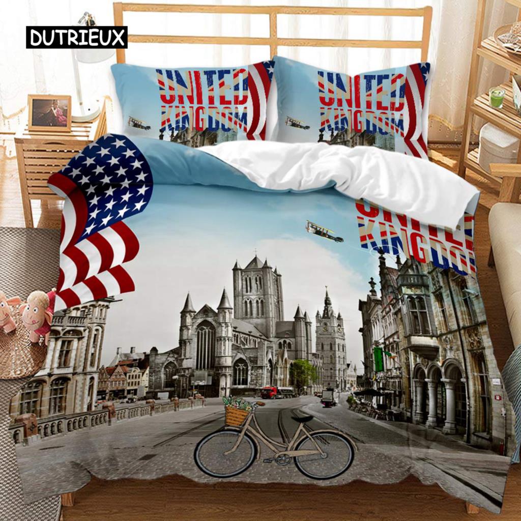 Urban Scenery Duvet Cover Castle Bike Retro Building Traditional British Culture Double Queen King Size Polyester Qulit Cover