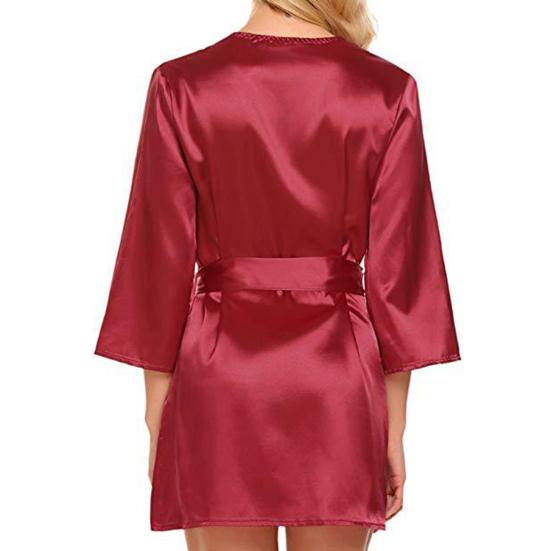 Women Nightdress Solid Color Satin Cardigan Lace Up Tight Waist Lady Nightie Female Intimate Clothes