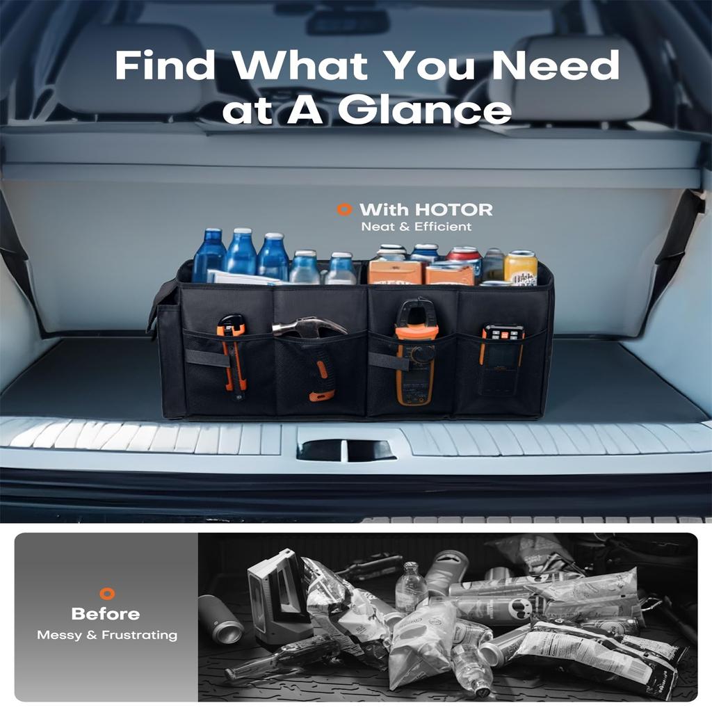 Trunk Organizer - Car Organizer, Foldable Trunk Organizer For SUVs And Sedans, Sturdy Car Organizer, Tools, Sundries, Black, 2 Compartments