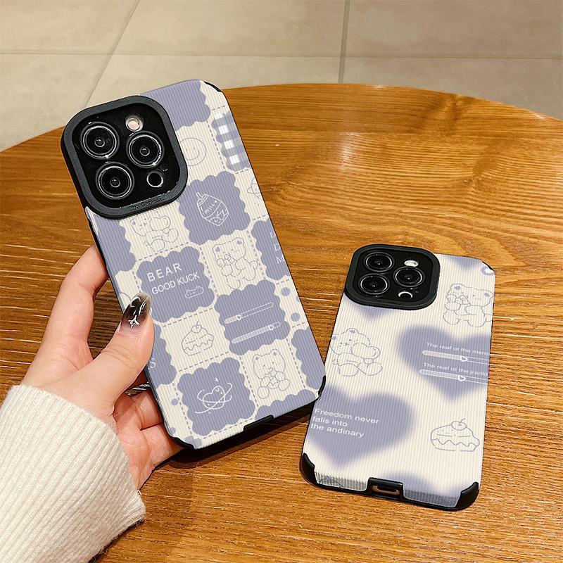 Vertical Grain Leather Cute Cartoon Bear Printed Soft Silicone Phone Case Back Cover with Camera Lens Full Protection for Samsung