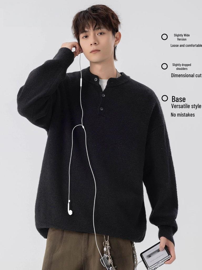 Men's Trendy Loose Henley Knit Pullover for Autumn/Winter 2025