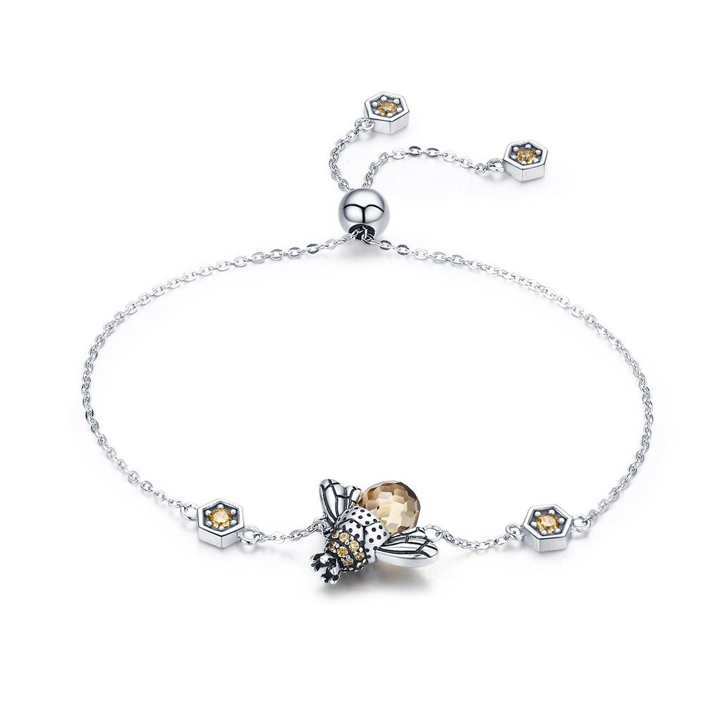 

BAMOER Genuine 100% 925 Silver Dancing Honey Bee Chain Link Women Bracelet Crystal Big Stone Bracelet Jewelry SCB043