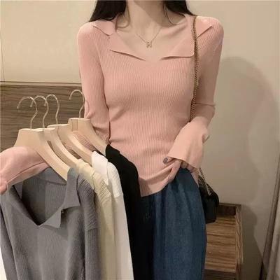 Pure Desire Style Semi-open-neck Knitted Sweater for Women's Autumn Slimming Design, A Niche Base Layer Top
