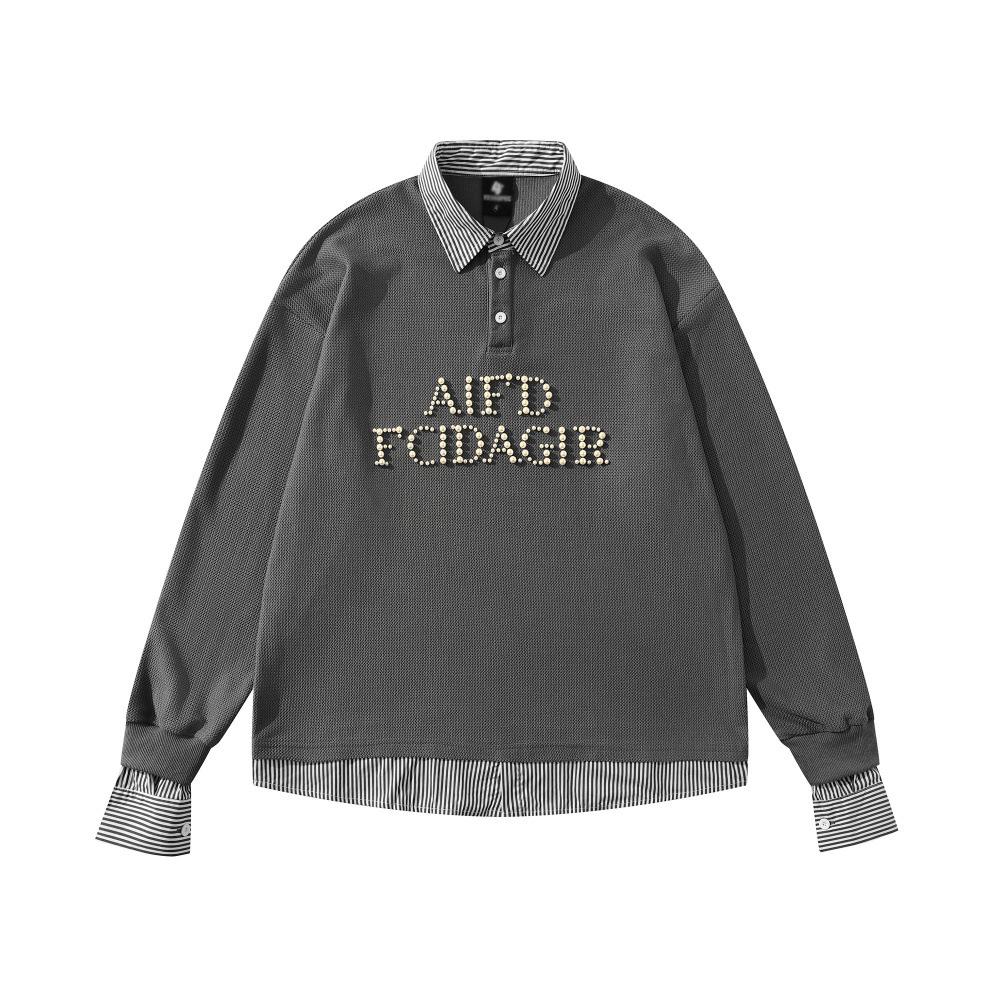 

Men s Patchwork Lapel Hoodie: Two-Piece Look, Loose Fit, American Street Style, Autumn Pullover with Letter Beading Extra Large сірий колір