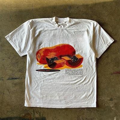 2025Autumn and Winter Heavy Fun Fruit Papaya Printing T-shirt Men's and Women's Pure Cotton Loose Personalized Versatile T-shirt