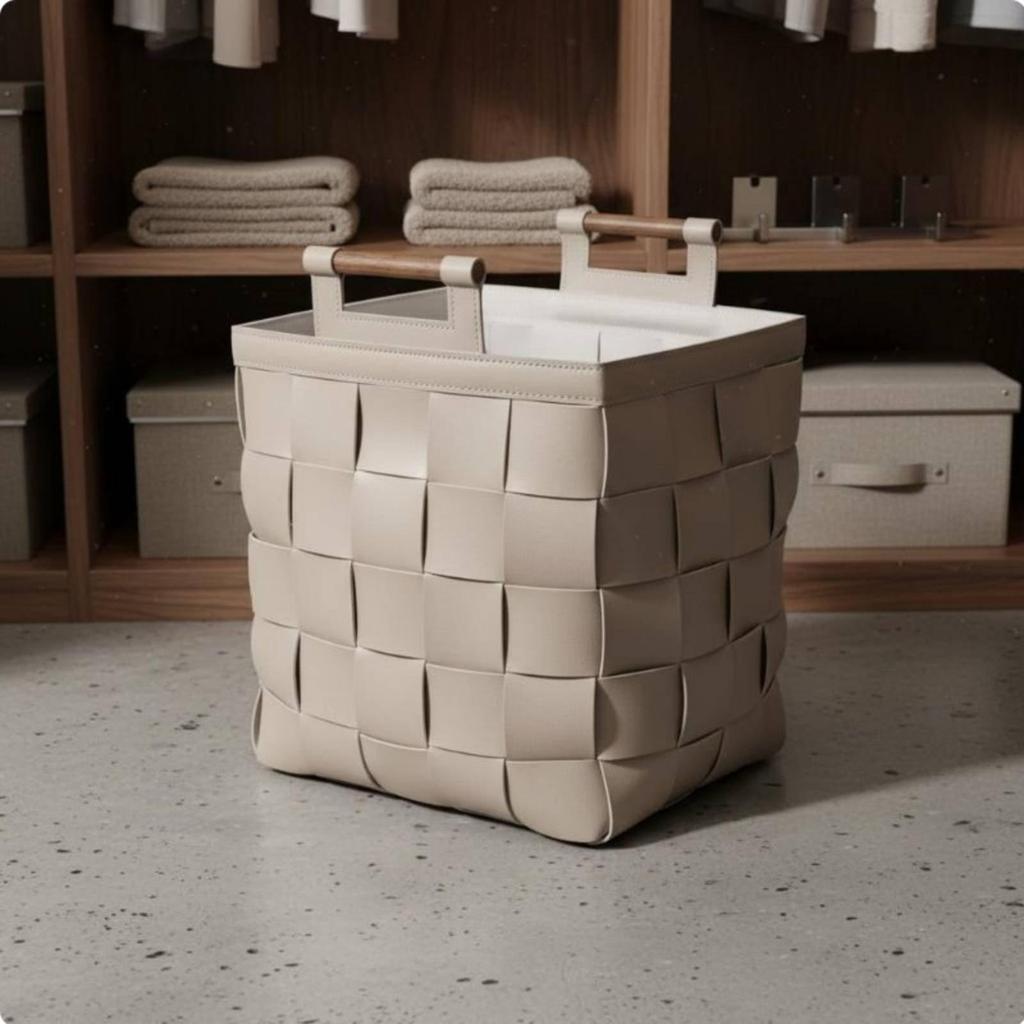 Cesto in PU Tessuto Design Elegante Contenitore con Manici in Legno