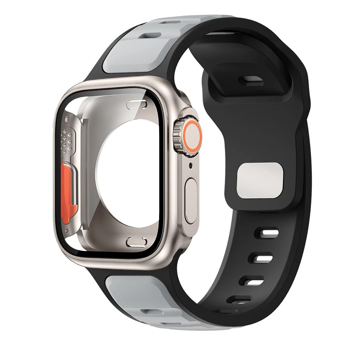 

Ремінець+Чохол для Apple Watch 46мм 45мм 44мм Силіконовий Ремінець Жорсткий Пластиковий Захисний Чохол-Бампер для Iwatch 10 9876 Змінити на Ultra S10-46MM