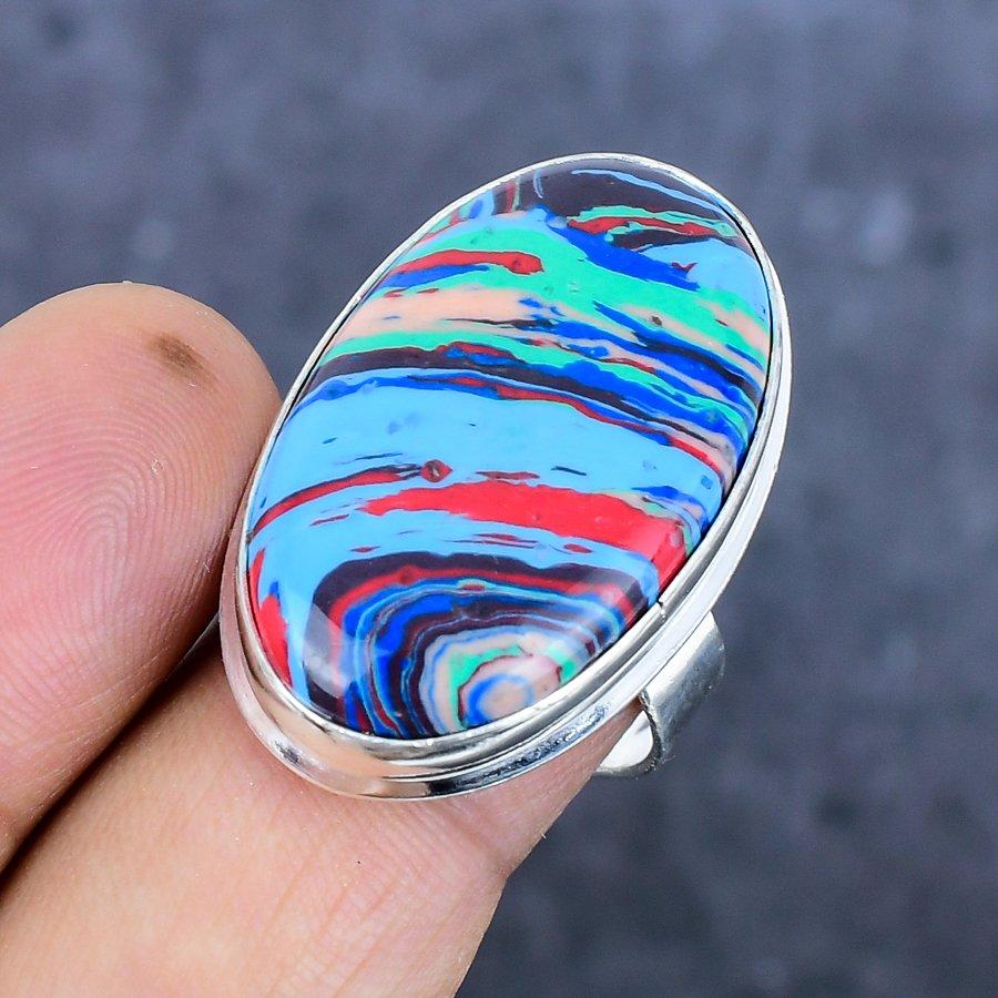 Rainbow Calsilica Gemstone Handmade 925 Sterling Silver Ring Size 8.5 m1Z21