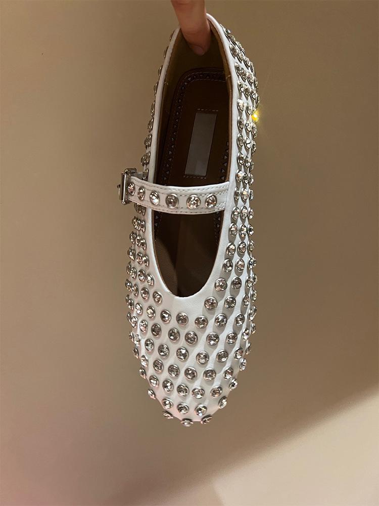 

Балетки из овчины с круглым носком, сетчатые, с ремешком на одну пряжку, полностью инкрустированные стразами, на плоской подошве, с вырезами, туфли Мэри Джейн, женские туфли-лодочки, сетчатые туфли 40