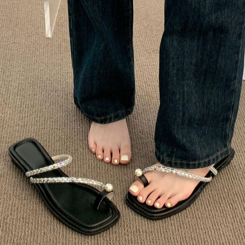 Flat-bottomed Rhinestone Temperament Set Toe Cool Slippers Fairy Shoes Wear 2024 New Summer French One-word Sandals