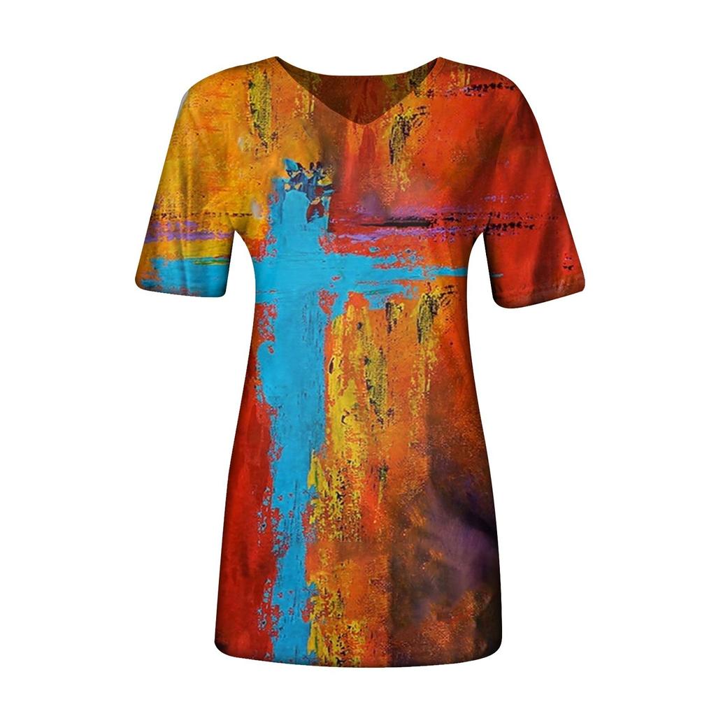 Women's Summer Casual V Neck Short Sleeve T-shirt Vintage Print Top