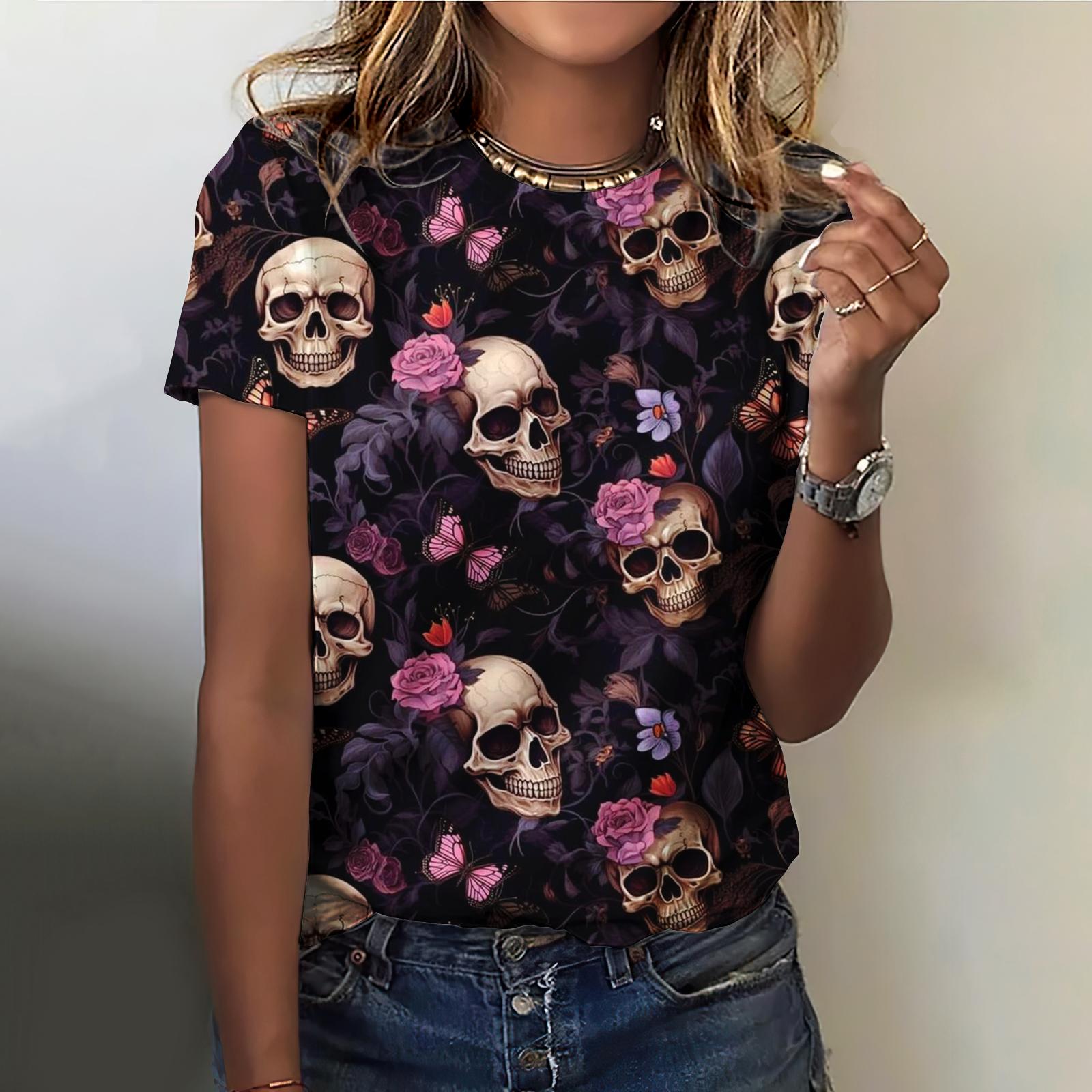 

Футболка с 3D-принтом «Летний цветок-череп», женская уличная одежда, повседневная мода 2000 года, футболка с коротким рукавом, футболки большого размера с круглым вырезом, топы, одежда XL