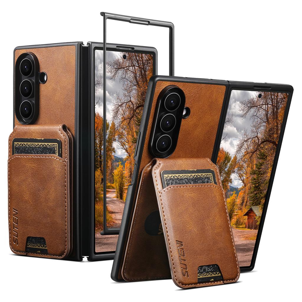 SUTENI H02 For Samsung Galaxy Z Fold7 5G Case Waxy Texture Leather + PC Card Slots Kickstand Phone Cover
