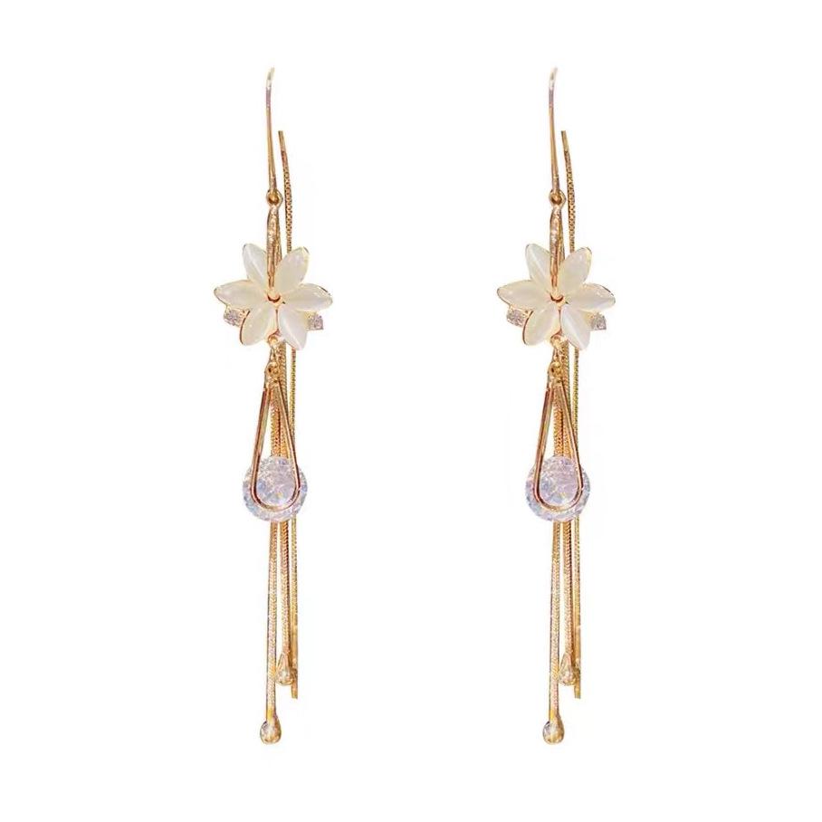 Luxurious Green Cat's Eye Stone Flower Threader Earrings - 2022 Fashion Trend, Secure Long Design.