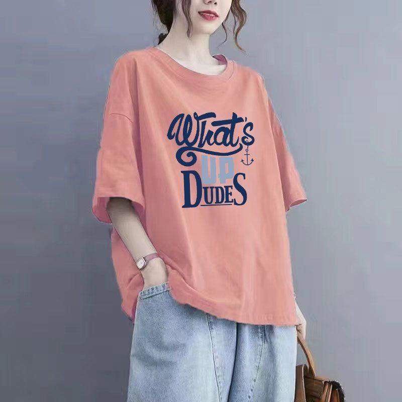 Summer Women's Tops Cotton Large Size T-shirt Polo Neck Loose Printed Casual Pullover T-shirt TopHarajuku Style Short Sleeved T-shirt