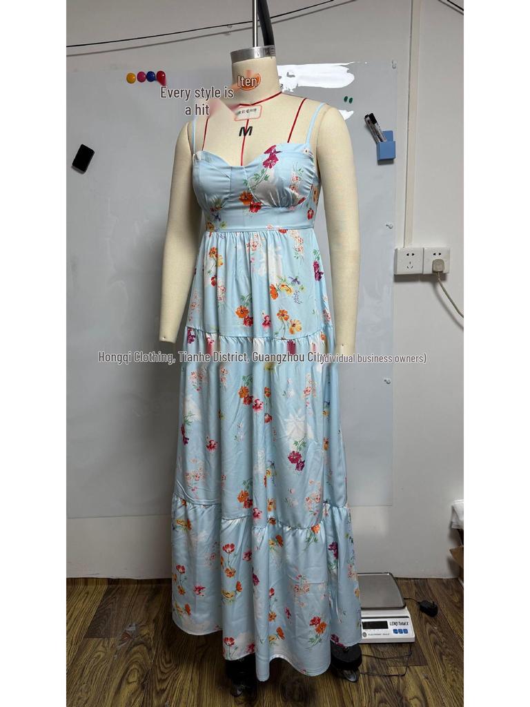 2026 Women's Fashion Printed Spaghetti Strap Sleeveless Backless Dress