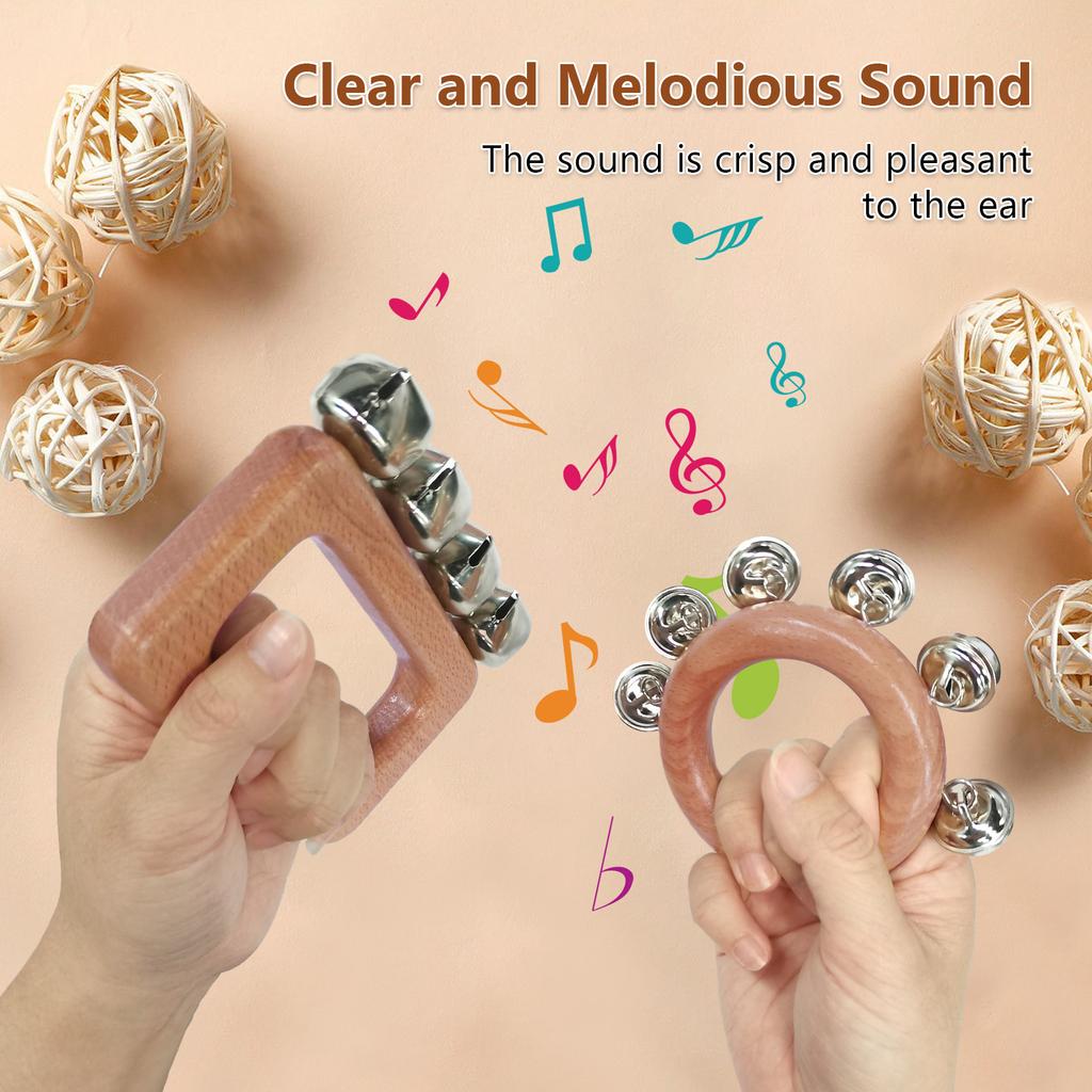 2 Pack Hand Jingle Bells Wooden Shaker Jingle Bells Musical Percussion Instrument Bells for Xmas