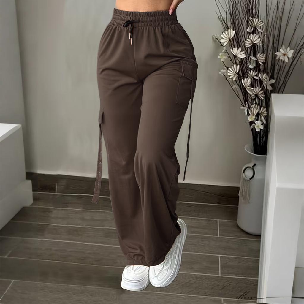 Ladies' Fashionable Color Straight Leg Pants With High Waist Pockets Casual Pants