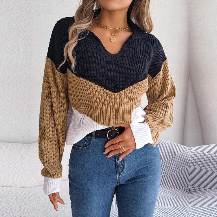 Women Casual Knit Pullover Sweater Autumn Winter Long Sleeve Polo Collar Contrast