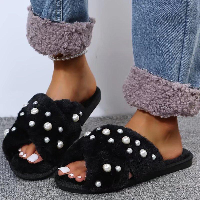 Fashion Pearls Detor Plush Slippers for Women Fashion Cross Strap House Furry Slippers Woman Slip On Faux Fur Cotton Slides Mujer