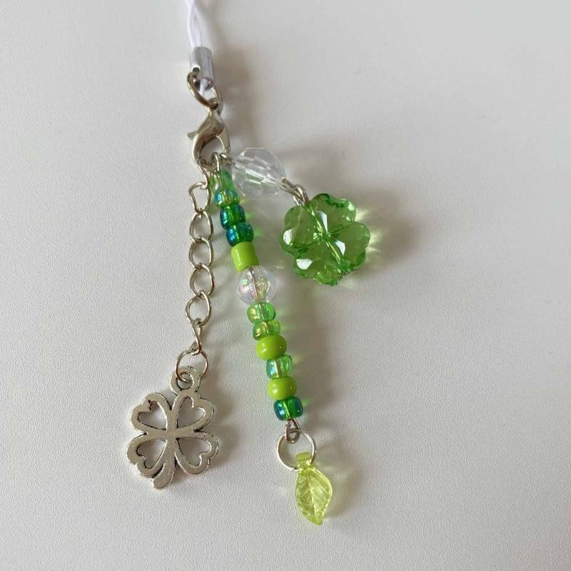 Sweet Grass Leaf Bead Charm Pendant Chain Phone Strap Pocket Keychain Strap Hangings Decoration for Key Bag Purse