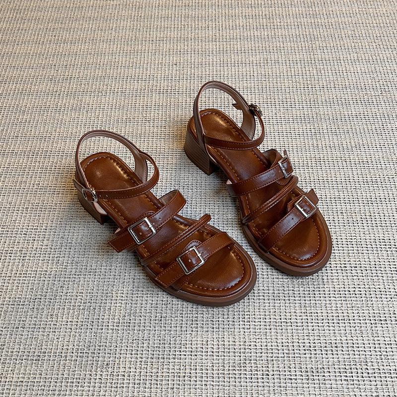 Holiday wind summer fashion outer wear open-toed sandals thick heel belt buckle stepping on shit feeling retro middle heel Roman sandals women