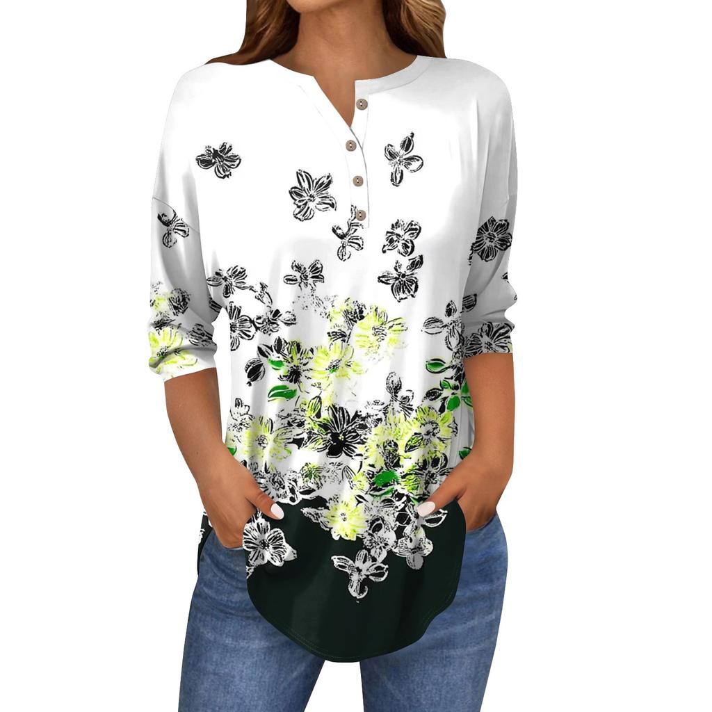 Women's Loose Button Collar Vintage Floral Print Three-quarter Sleeve T-Shirt Shirt