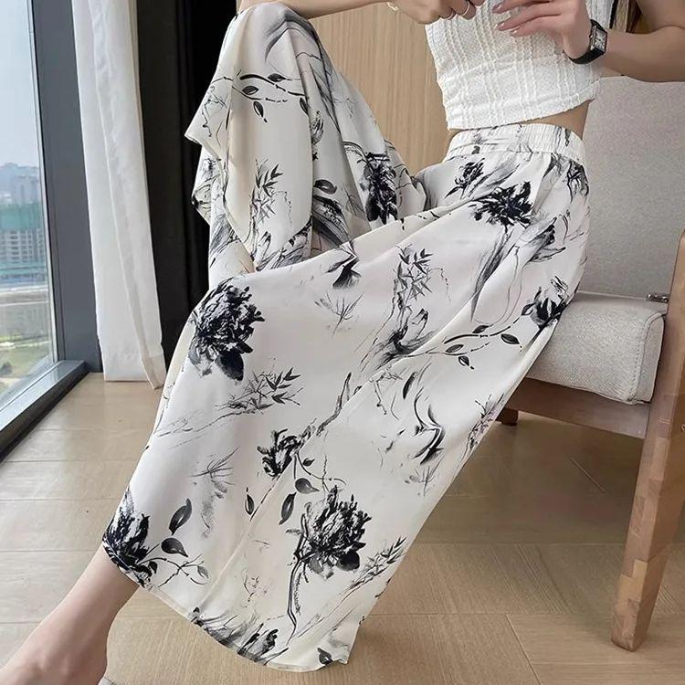Women's High Waist Ink Print Ice Silk Wide-Leg Capri Pants - Summer 2025 Collection