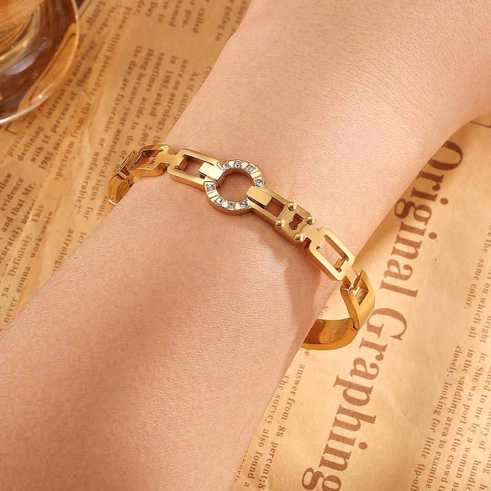 Htpwe Stainless Steel Chain Inlaid Zirconium Floor Glossy Bracelet Women's 18k Gold Couple Holiday Gift Bracelet Daily Zircon