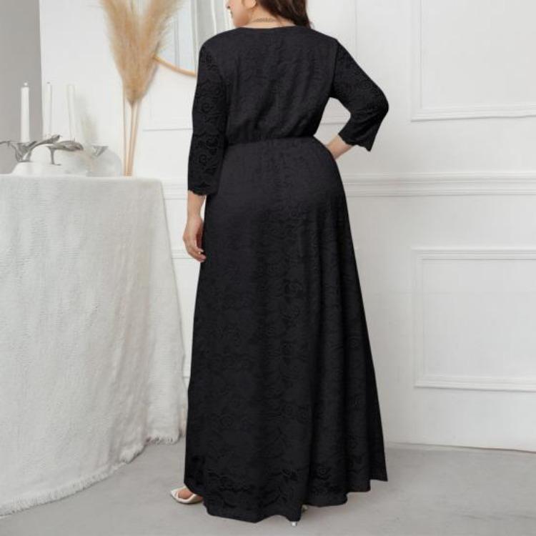 Plus Size Women Maxi Dress High Waist V Neck 3 4 Sleeve Long Dress Lace Flower Embroidery Wedding Vacation Dress