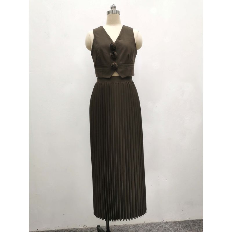 

Cross-Border Flower V Neck Short Vest Tops High Waist Elastic Waist Pleated Long Skirt Women s Summer Graceful Fashionable Set Suit Brown L