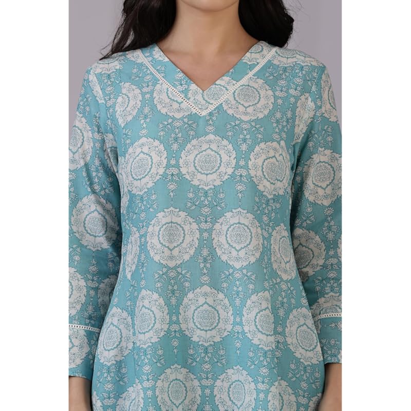 W for Woman Blue Floral Printed A-line Pure Cotton Kurta and Pants Co-ord Set (Size: XL)-WS12335-123938