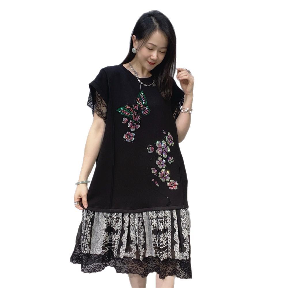 Unique Design Lace-embroidered Short-sleeved Summer Dress for Women, New Style, Slimming, Heavy-duty Sequined, Large Size.