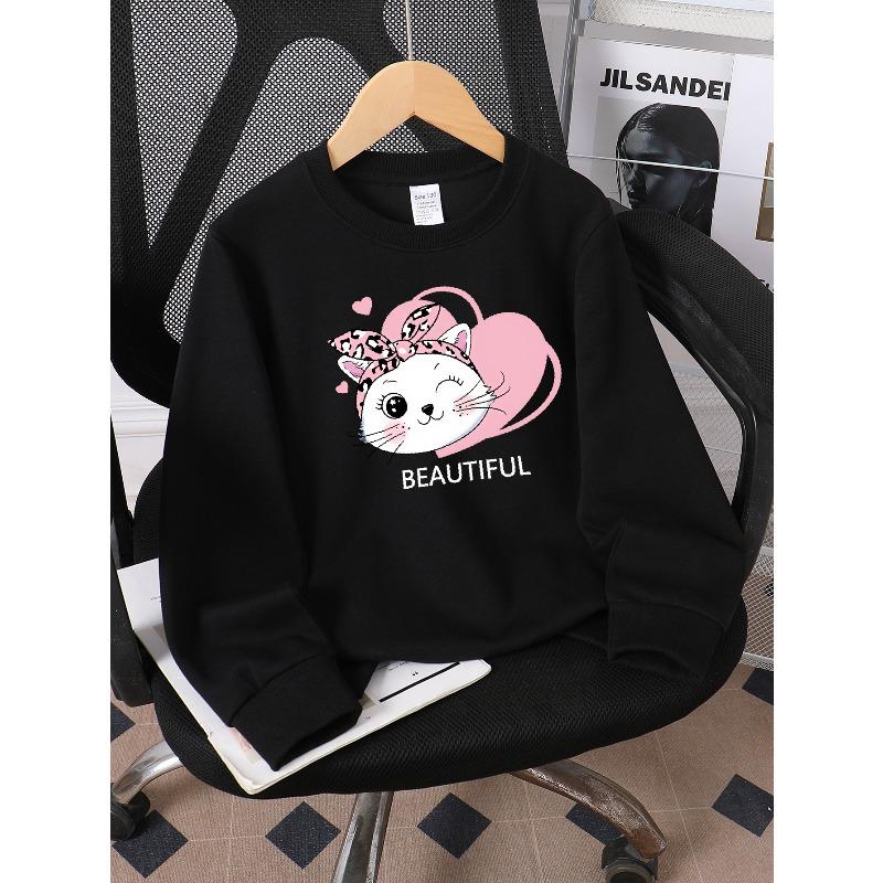 Kids Sweatshirt,Crew Neck Fashion Top, Fun"Cute Cat with Bow "patterned Sweatshirt, Suitable for Everyday Casual Wear,Spring Fall Sweatshirt