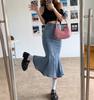 Denim Schlitz Langen Rock Frauen Koreanische Mode Vintage Hohe Taille Bodycon Rüschen Meerjungfrau Midi Rock Elegante Chic Sommer