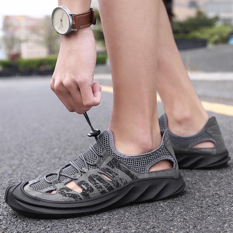 Leather sandals men's summer soft bottom with holes mesh bag head beach sports casual shoes large size breathable hole shoes tide