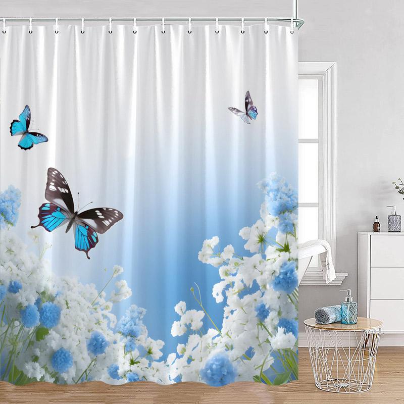 Floral Blue Butterfly Shower Curtain Purple Flowers Butterflies Plant Polyester Fabric Bathroom Decor Bath Curtains with Hooks