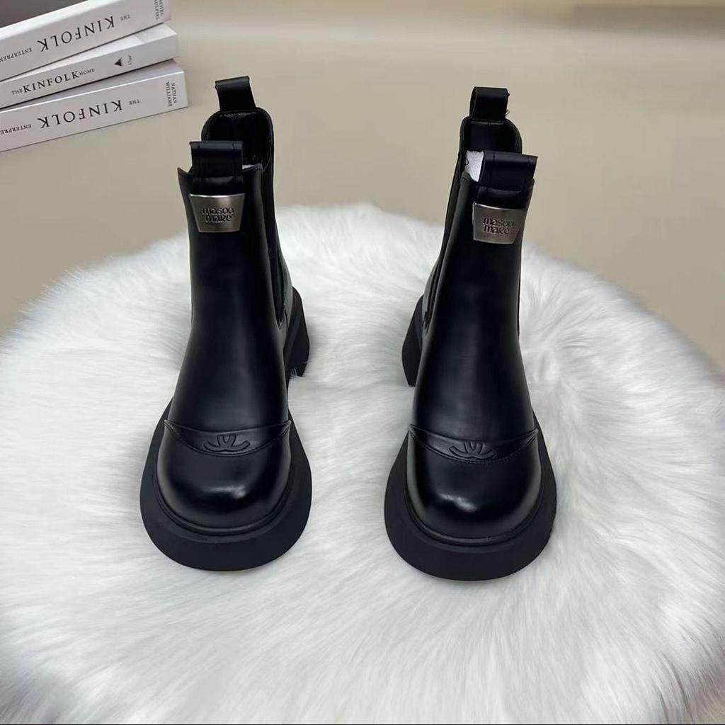 Genuine Leather Thick Sole Chelsea Ankle Boots for Women - 2025 Autumn/Winter, British Style, Chimney Heel, Height-Boosting Slimming Martin Design.