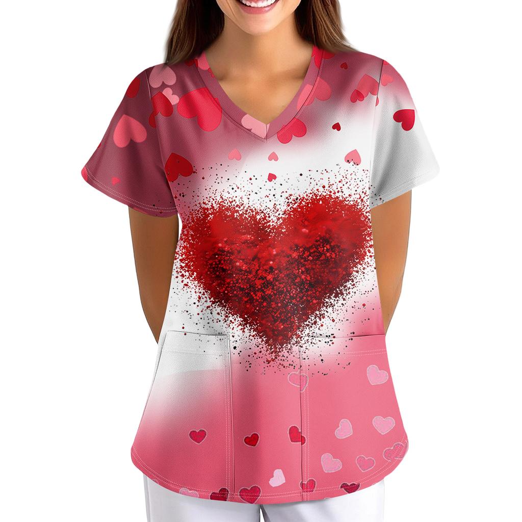 Plus SizeWzorzysty Strój Roboczy Bluzki Dla Kobiet Krój V-Neck z Nadrukiem Krótki Rękaw Zabawne T-Shirty Odzież Robocza Tee z Kieszeniami