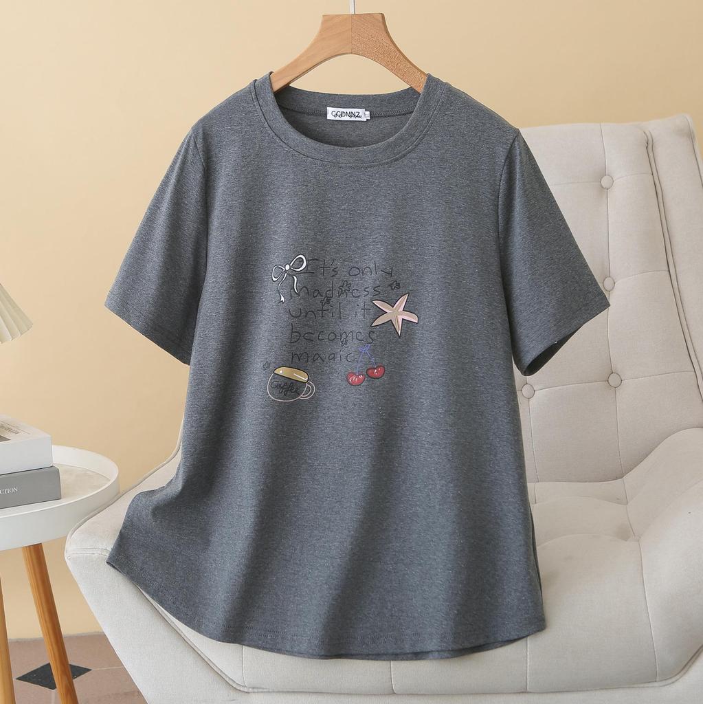2026 Summer Plus Size Slimming Cotton Printed T-Shirt - Short Sleeve Round Neck Casual Top for Women