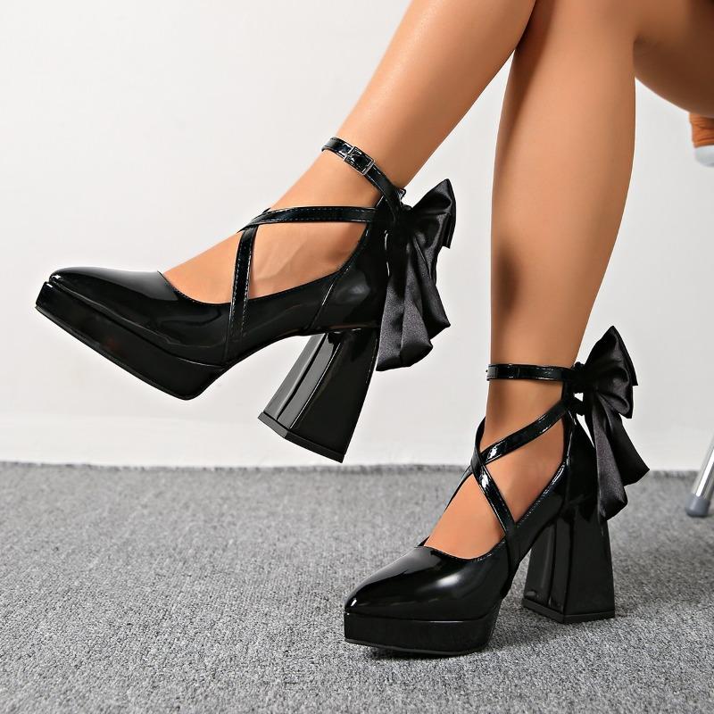 Fashion Autumn New Pointed Toe Shallow Mouth Platform Non-slip Wear-resistant High Heels Bow One Strap Square Heel Single Shoes