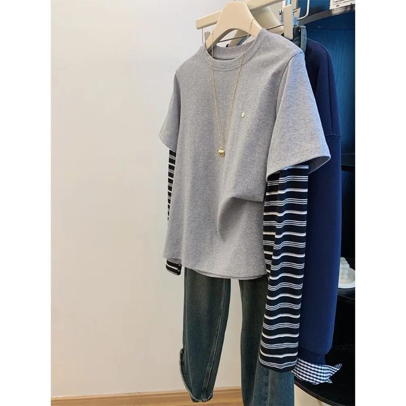 

Women s Spring Autumn Fake Two-Piece Striped Long Sleeve Knitwear Casual Loose Pullover Top M світло-сірого кольору