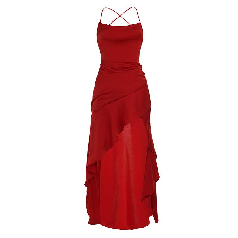 Elegant Satin Ruffle Hem Dress with Spaghetti Straps - European & American Style S